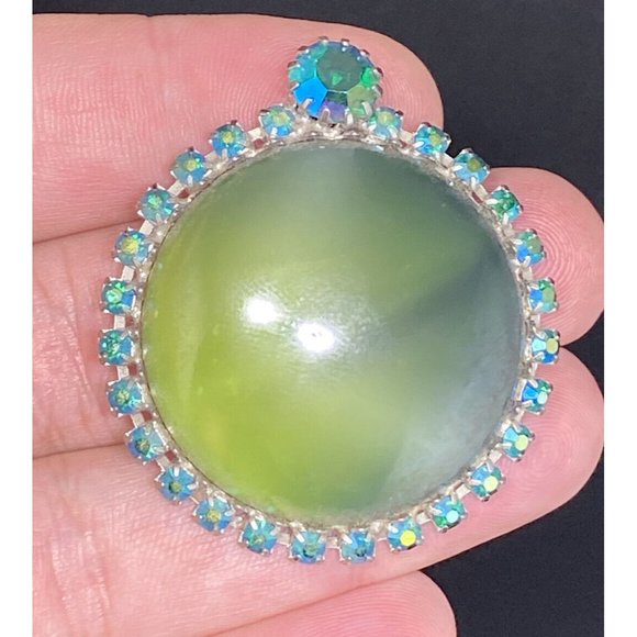 VTG Givre Art Glass AB Rhinestone Brooch Prong Set Green Yellow 2 Inches Silver - Picture 5 of 5